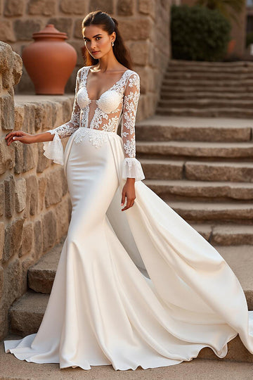 Mermaid Court Train Satin Ivory Wedding Dress with Lace Appliques